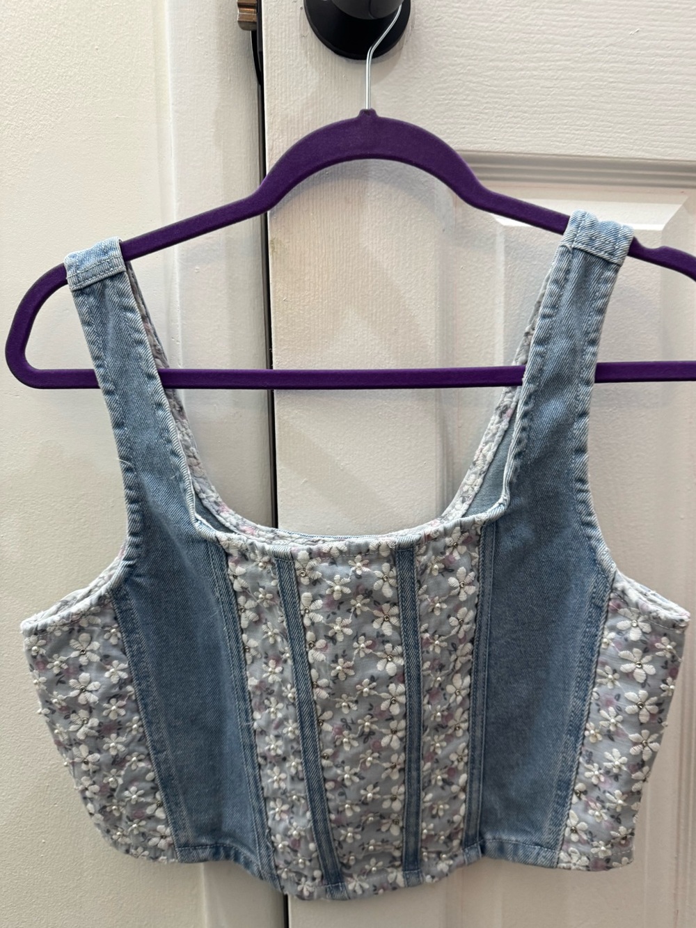 POL Embellished Light Blue Denim Floral Corset Top